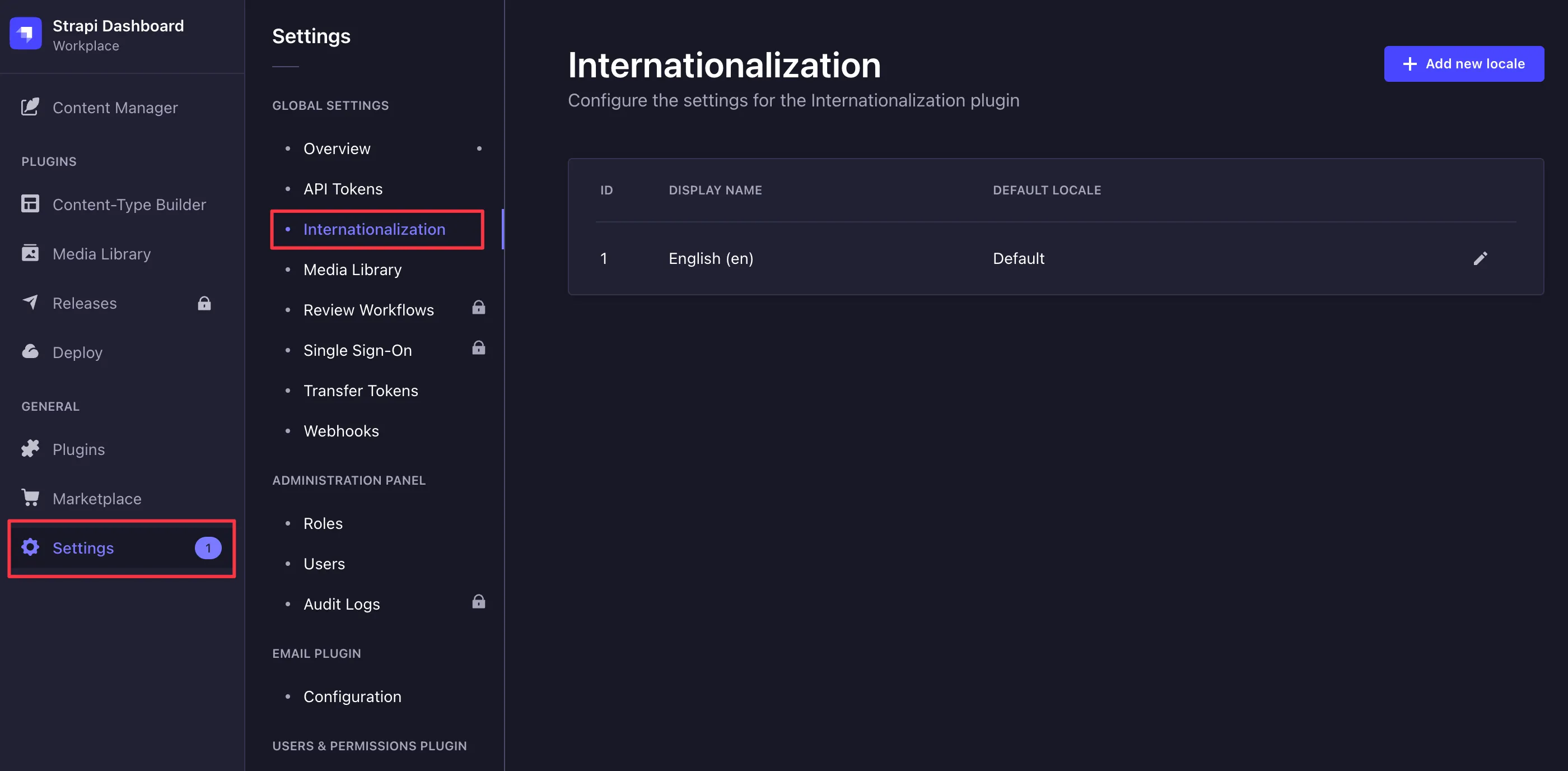 Strapi Internationalization settings